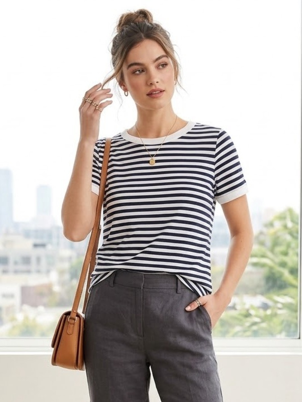 LOFT white and navy striped tee